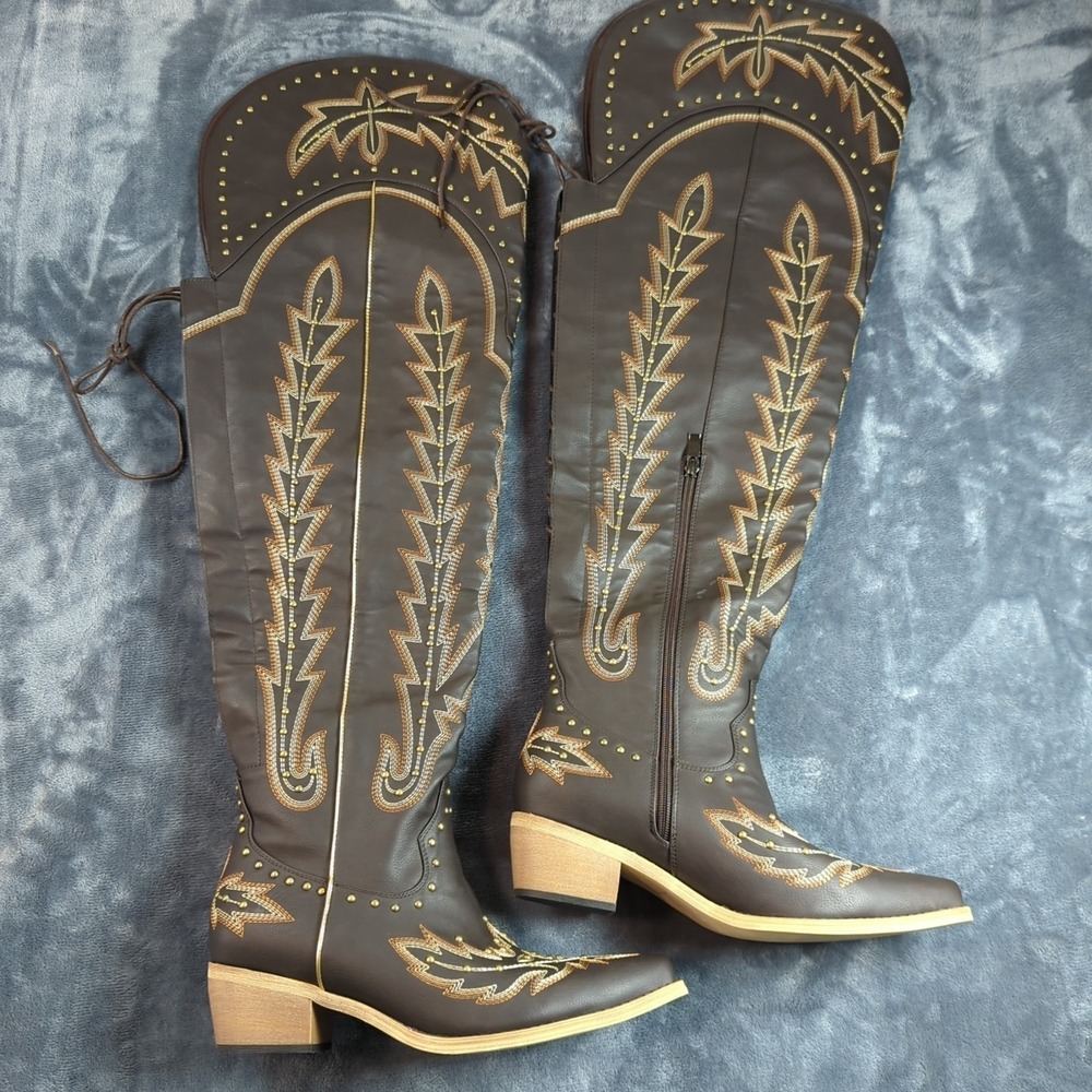 Women Thigh High Over the Knee Boot Size 10 Side Zipper Embroidery Cowgirl Boot